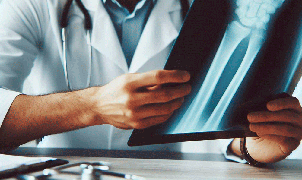 Doctor evaluando radiografía de brazo
